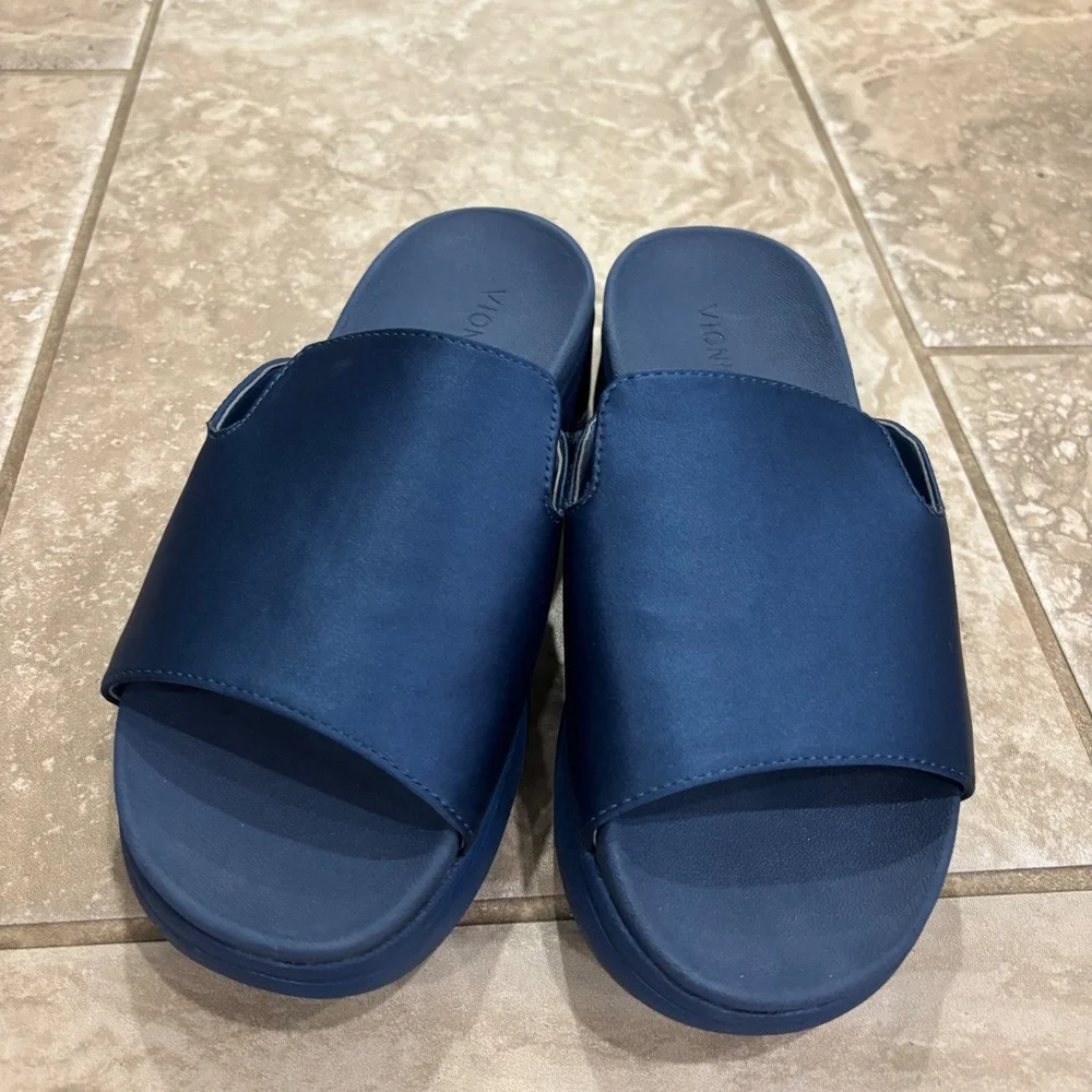 Vionic Monica Navy Blue Platform Slide Sandals Womens 6 Orthotic Comfort